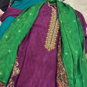 FAIZA SAQLAIN NEW - Purple/Green 3 Piece silk outfit
